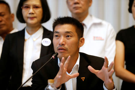 Thanathorn Juangroongruangkit, leader of the Future Forward Party talk during a news conference to form a "democratic front" in Bangkok, Thailand, March 27, 2019. REUTERS/Soe Zeya Tun