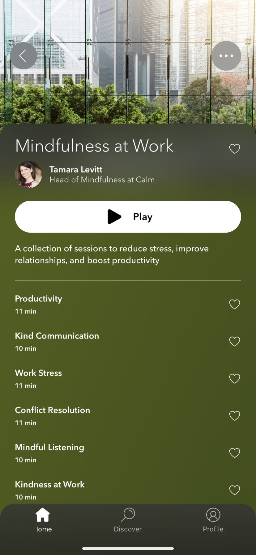 the course layout of a class called "Mindfulness at Work" in a screenshot of the meditation app Calm