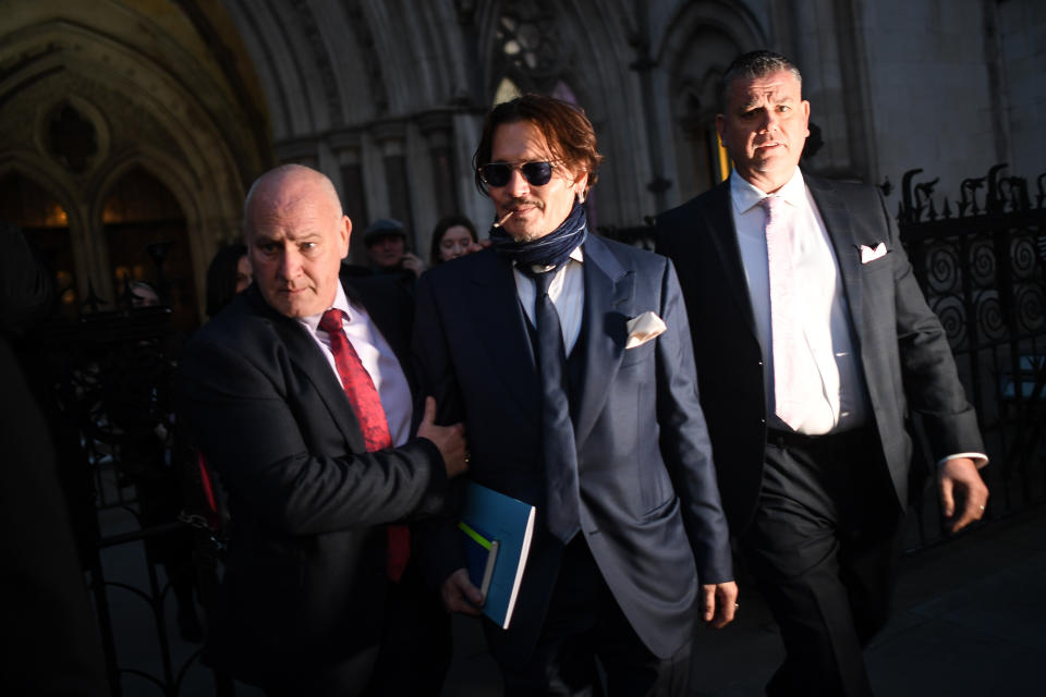 LONDON, ENGLAND - FEBRUARY 26: Johnny Depp is seen leaving the Royal Courts of Justice on February 26, 2020 in London, England. The Hollywood actor is suing The Sun newspaper over claims he beat up his ex-wife Amber Heard. (Photo by Peter Summers/Getty Images)