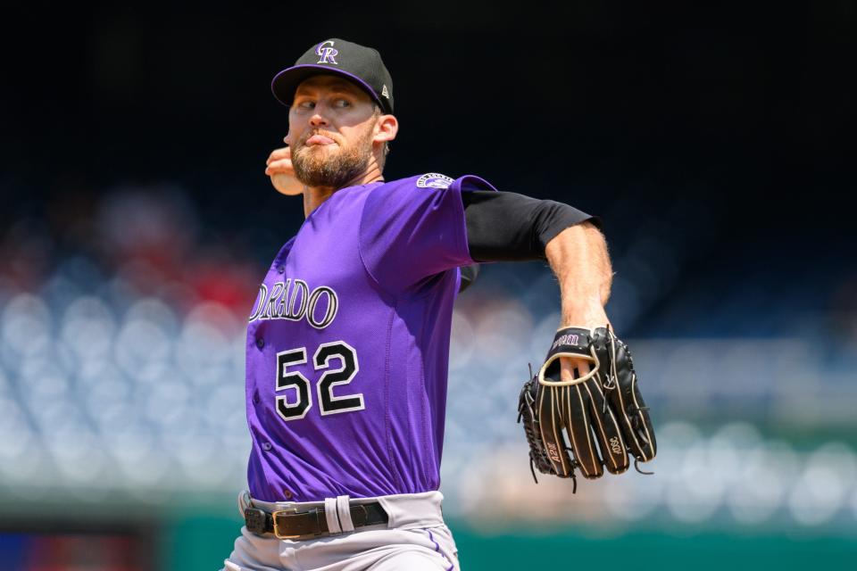 Colorado Rockies relief pitcher Daniel Bard (52) throws a pitch during the ninth inning against the Washington Nationals on July 26, 2023, at Nationals Park.