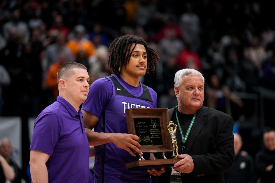 Pickerington Central's Devin Royal is honored as Ohio Mr. Basketball before a 2023 Division I state semifinal.