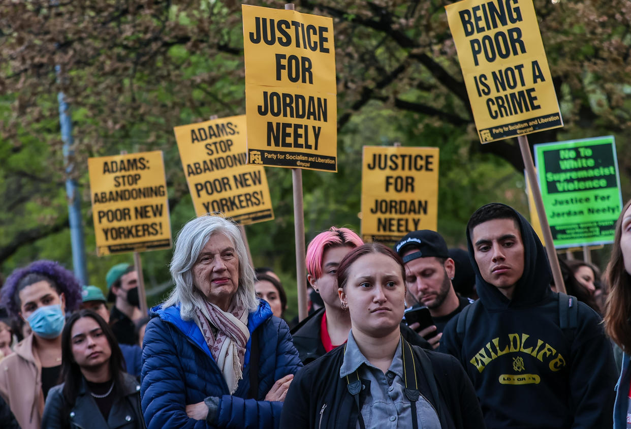 Demonstrators gather in Washington Square Park in New York City to protest the choking death on the subway of Jordan Neely, a Black homeless man