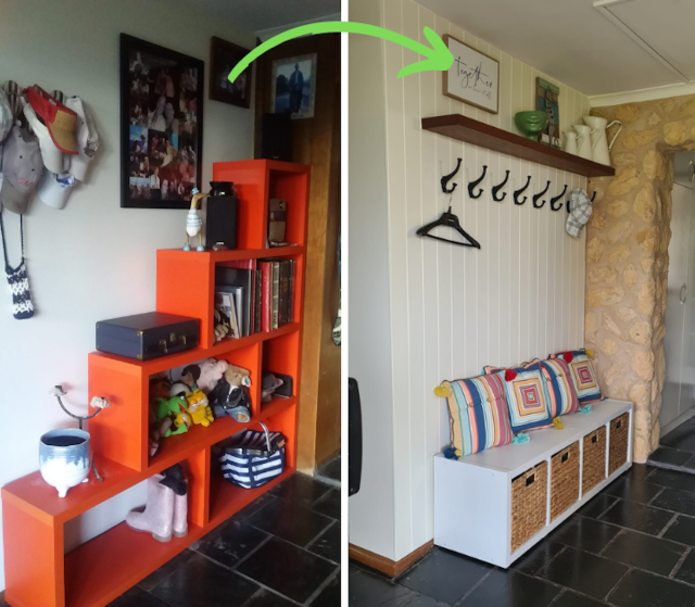 Before and after photos of an entry hall makeover using Bunnings products