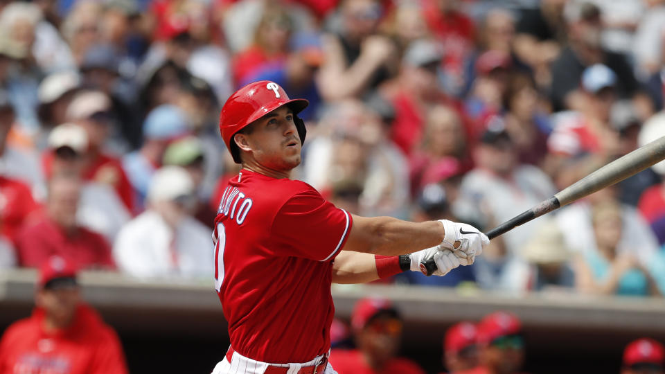 Philadelphia Phillies' J.T. Realmuto bats during a spring training baseball game, Monday, March 9, 2020, in Clearwater, Fla. (AP Photo/Carlos Osorio)