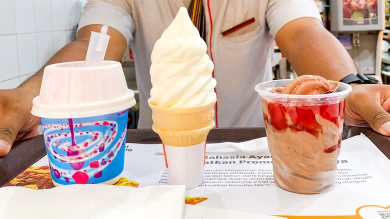 McFlurry, ice cream cone, sundae on tray