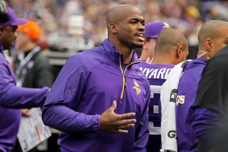 Dec 15, 2013; Minneapolis, MN, USA; Minnesota Vikings running back Adrian Peterson (28) talks on the sidelines during the first quarter against the Philadelphia Eagles at Mall of America Field at H.H.H. Metrodome. Mandatory Credit: Brace Hemmelgarn-USA TODAY Sports