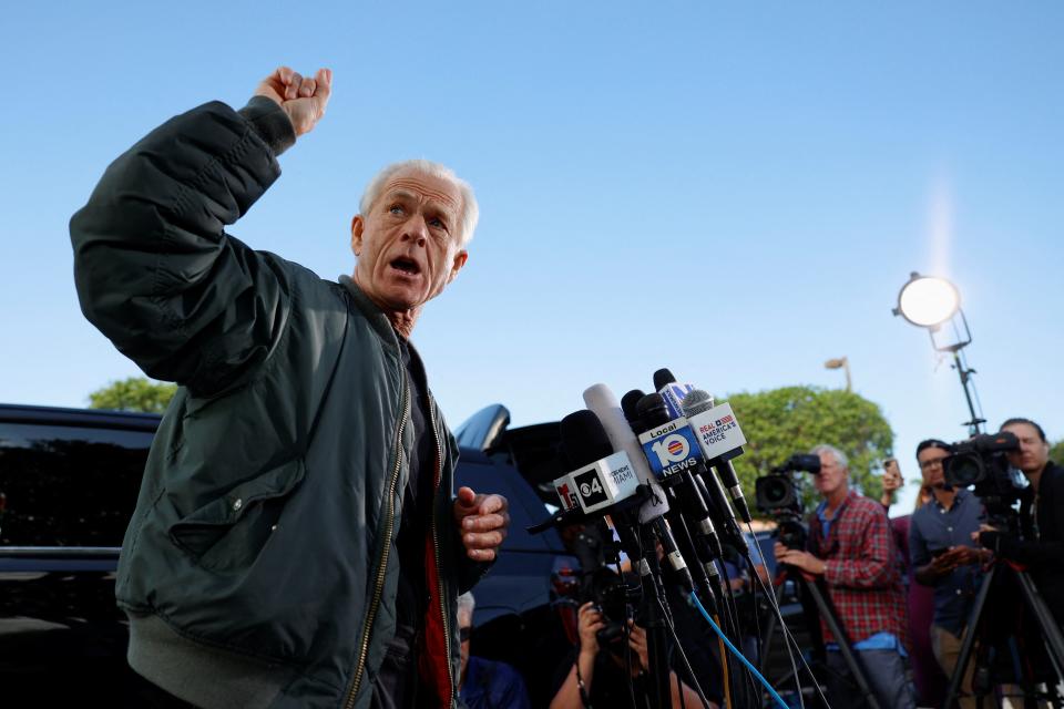 Peter Navarro, who served as then-President Donald Trump's trade adviser, talks to the media before turning himself in at a federal correctional institution to begin his prison sentence for defying a subpoena from a panel that investigated the Jan. 6, 2021, attack on the U.S. Capitol, in Miami, Florida, on March 19, 2024.