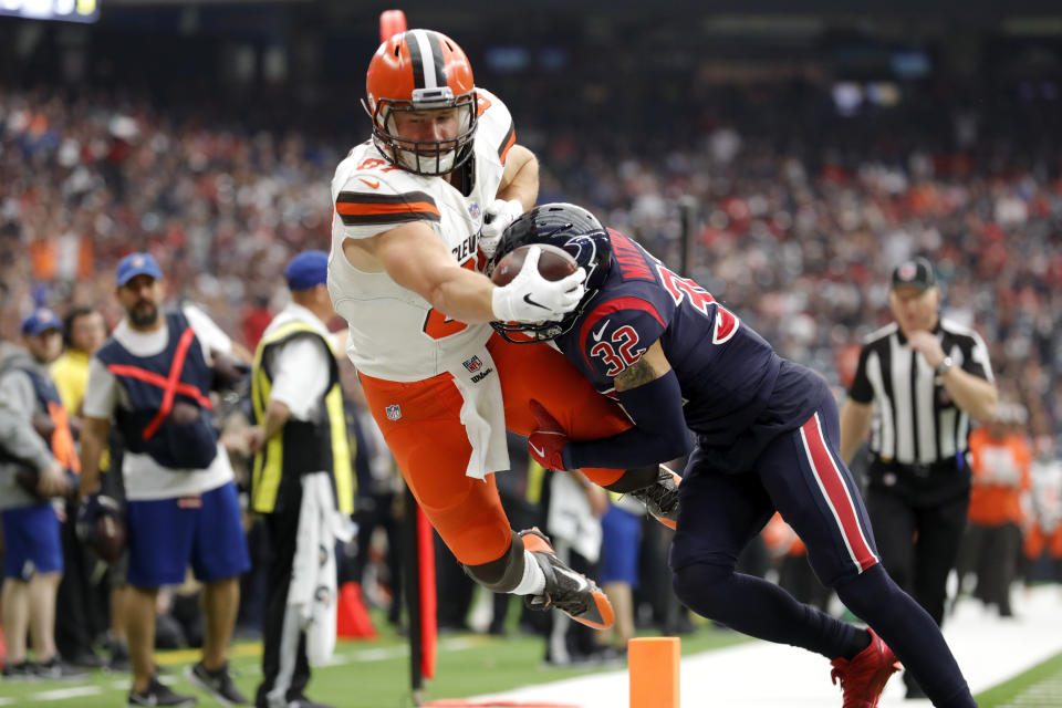 <p>Tyrann Mathieu #32 of the Houston Texans forces Seth DeValve #87 of the Cleveland Browns out of bounds preventing a touchdown in the third quarter at NRG Stadium on December 2, 2018 in Houston, Texas. (Photo by Tim Warner/Getty Images) </p>