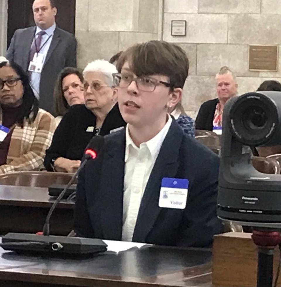 Red Bank Regional High School senior Iona Leslie testifies before a State Senate committee hearing on teen suicide on March 2, 2023