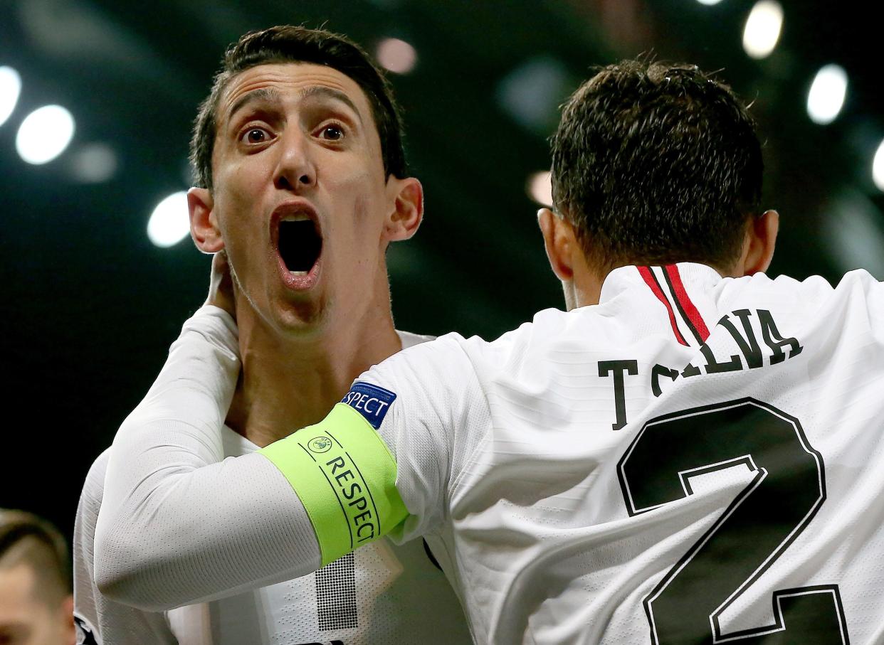 París Saint Germain’s Angel Di Maria celebrates a goal during PSG’s 2-0 win over Manchester United on Tuesday. (EFE)