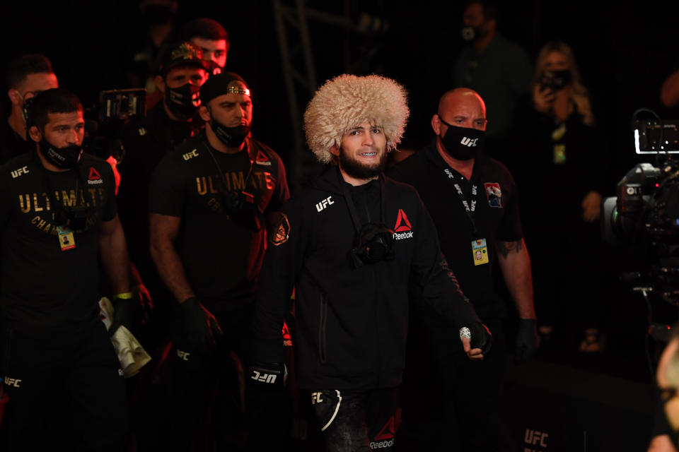 ABU DHABI, UNITED ARAB EMIRATES - OCTOBER 25:  Khabib Nurmagomedov of Russia walks to the Octagon prior to his lightweight title bout against Justin Gaethje during the UFC 254 event on October 25, 2020 on UFC Fight Island, Abu Dhabi, United Arab Emirates. (Photo by Josh Hedges/Zuffa LLC via Getty Images)