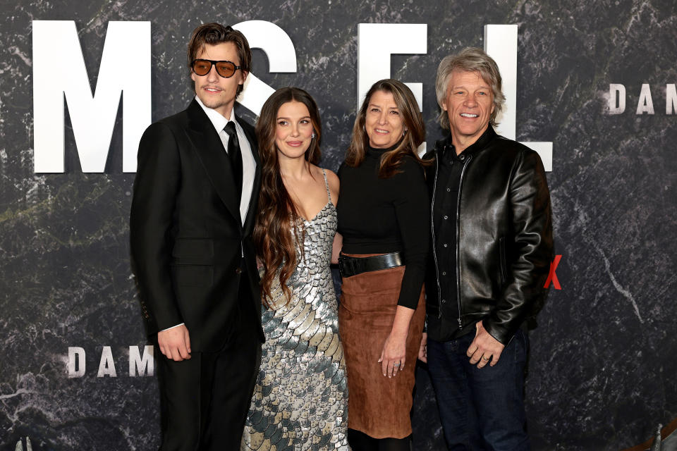 NEW YORK, NEW YORK - MARCH 01: (L-R) Jake Bongiovi, Millie Bobby Brown, Dorothea Hurley, and Jon Bon Jovi attend the Damsel World Premiere at The Plaza on March 01, 2024 in New York City. (Photo by Dimitrios Kambouris/Getty Images for Netflix)