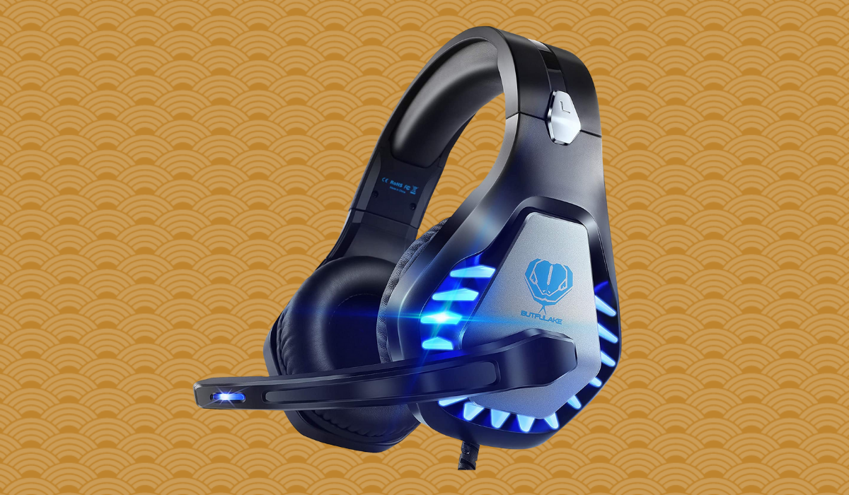 Black over-ear headphones with a microphone and blue LED lights