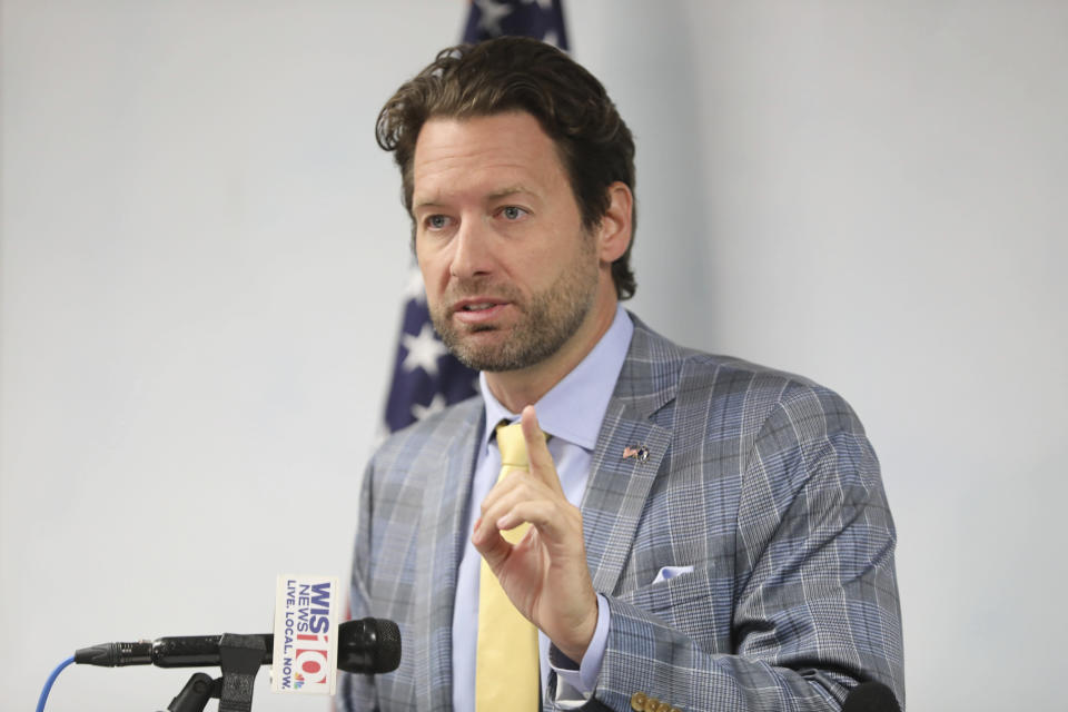 FILE - South Carolina Democratic nominee for governor Joe Cunningham holds a news conference to say he would veto any further restrictions on abortion if he becomes governor on June 27, 2022, in Columbia, S.C. Last month Cunningham, proposed not only term limits but also age limits for officeholders, saying it was time to end America’s “geriatric oligarchy” of politicians who are staying “in office way past their prime." (AP Photo/Jeffrey Collins, File)