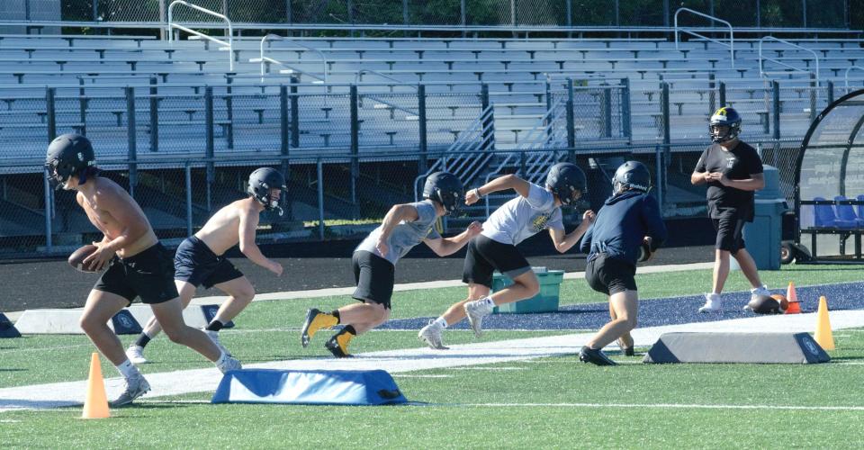 Gaylord's offense runs through a play during a practice on Tuesday, August 9.