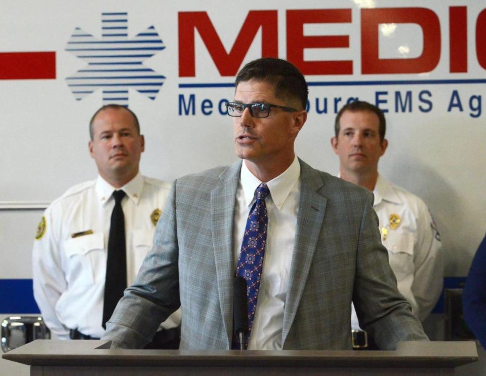 Maj. Luke Sell, a member of CMPD’s Special Investigations Bureau, addresses the rise of fentanyl overdoses in Mecklenburg County on Monday, Aug. 21, 2023 in Charlotte. Leaders from the City of Charlotte, Mecklenburg County, and the Federal Government will came together to raise awareness about the impacts that fentanyl has in our community.