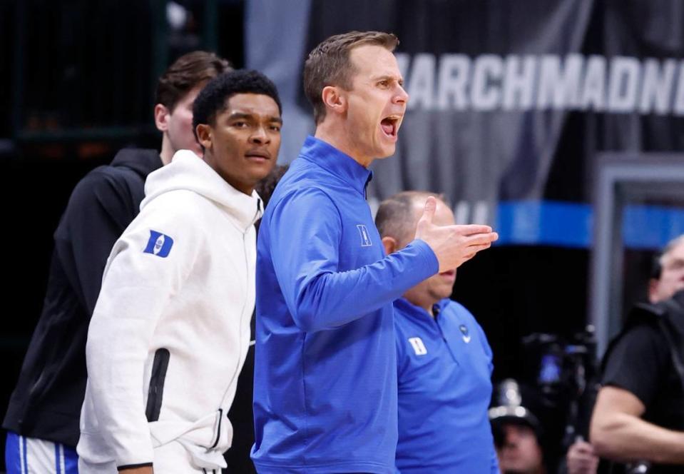 Duke head coach Jon Scheyer is not happy with the call by the officials during the first half of Duke’s game against Houston in their NCAA Tournament Sweet 16 game at the American Airlines Center in Dallas, Texas, Friday, March 29, 2024.