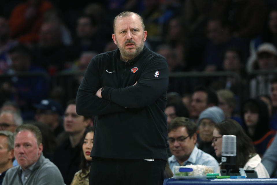 New York Knicks head coach Tom Thibodeau watches the first half of an NBA basketball game against the Chicago Bulls, Sunday, April 14, 2024, in New York. (AP Photo/John Munson)