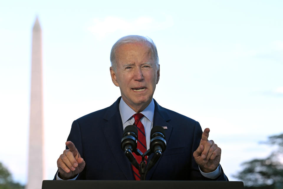 WASHINGTON, DC - AUGUST 01: U.S. President Joe Biden speaks from the Blue Room balcony of the White House on August 1, 2022 in Washington, DC. Biden announced that over the weekend, U.S. forces launched an airstrike in Afghanistan that killed al-Qaeda leader Ayman Al-Zawahiri. Zawahiri, 71, took over leadership of al-Qaeda in 2011, shortly after American forces killed Osama bin Laden. The president said there were no civilian casualties.  (Photo by Jim Watson-Pool/Getty Images)