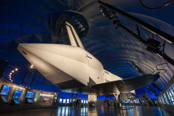 NASA’s space shuttle Enterprise, the space agency’s original prototype for its winged orbiter fleet, opens on display at the Intrepid Sea, Air and Space Museum in New York City on July 19, 2012. 