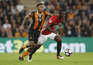 Football Soccer Britain- Hull City v Manchester United - Premier League - The Kingston Communications Stadium - 27/8/16 Manchester United's Eric Bailly in action with Hull City's Abel Hernandez Action Images via Reuters / Lee Smith Livepic EDITORIAL USE ONLY. No use with unauthorized audio, video, data, fixture lists, club/league logos or "live" services. Online in-match use limited to 45 images, no video emulation. No use in betting, games or single club/league/player publications. Please contact your account representative for further details.