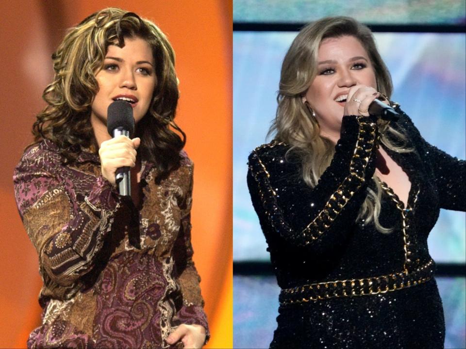 On the left, Kelly Clarkson performing at the "American Idol" season 1 finale in 2002. On the right, Clarkson performing in 2022.