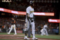 Pittsburgh Pirates' Ben Gamel (18) reacts after striking out in the eighth inning of the team's baseball game against the San Francisco Giants on Saturday, Aug. 13, 2022, in San Francisco. (AP Photo/Scot Tucker)