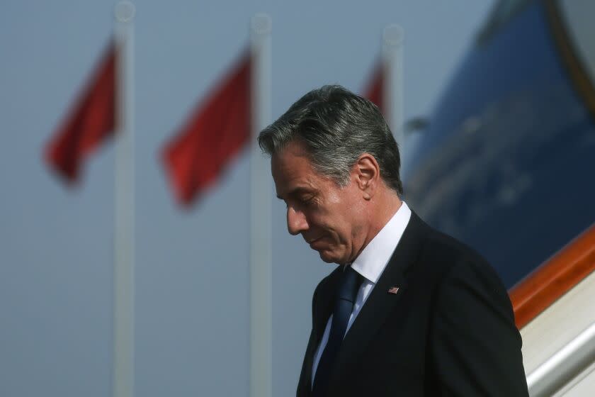 U.S. Secretary of State Antony Blinken arrives in Beijing, Sunday, June 18, 2023. (Leah Millis/Pool Photo via AP)