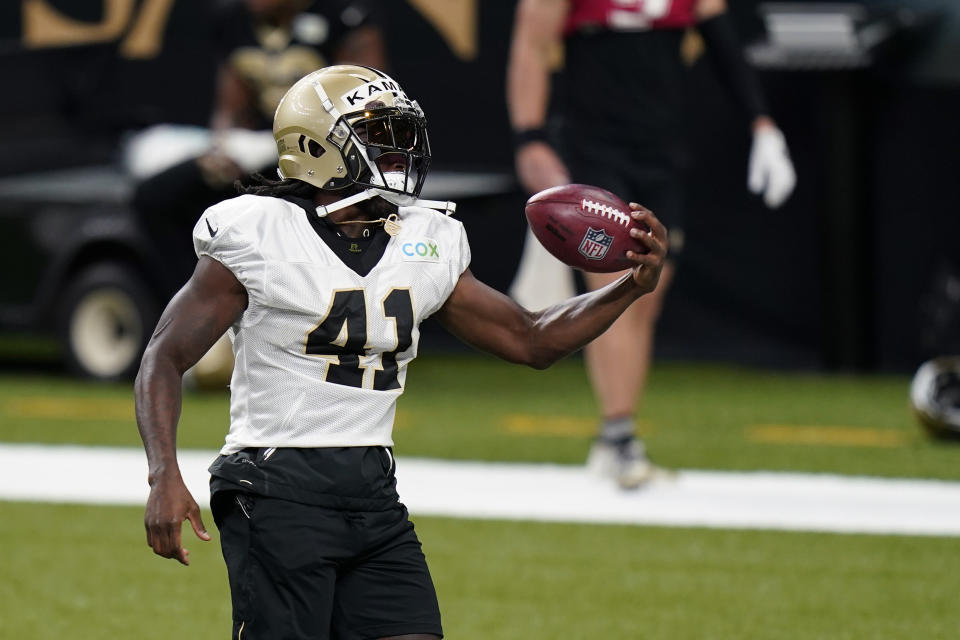 New Orleans Saints running back Alvin Kamara (41) catches a pass during NFL football practice in New Orleans, Thursday, Sept. 3, 2020. (AP Photo/Gerald Herbert, Pool)