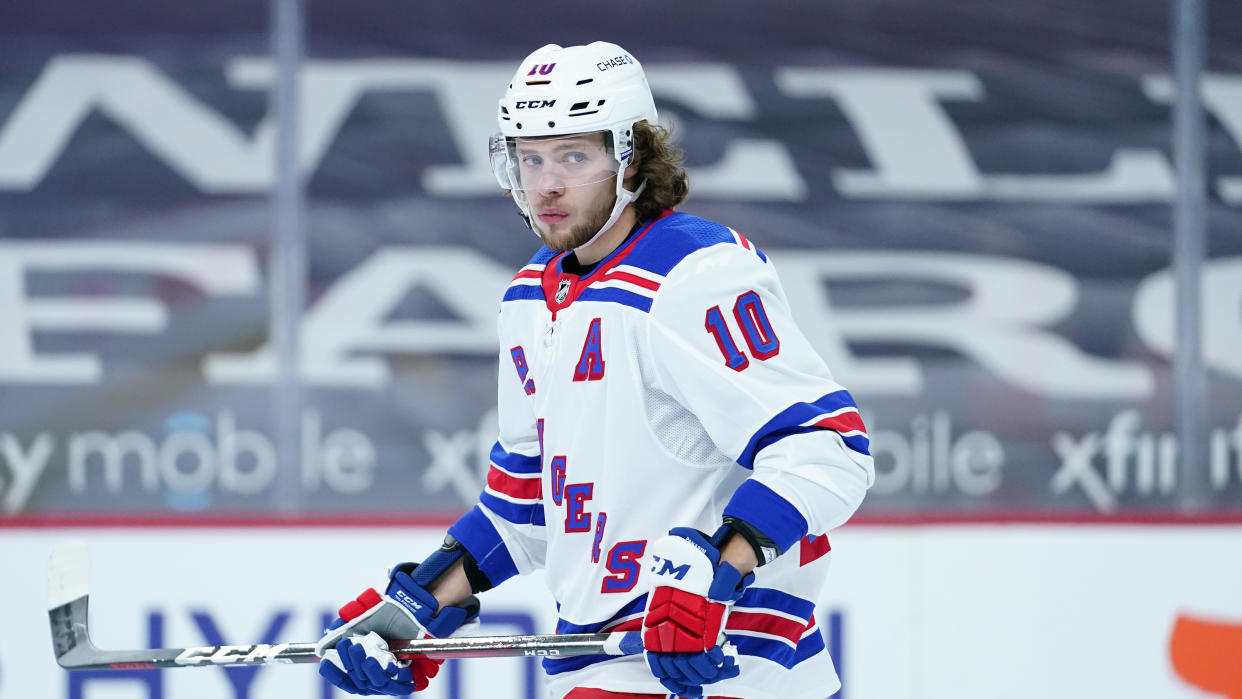 New York Rangers' Artemi Panarin plays during an NHL hockey game against the Philadelphia Flyers, Thursday, Feb. 18, 2021, in Philadelphia. (AP Photo/Matt Slocum)