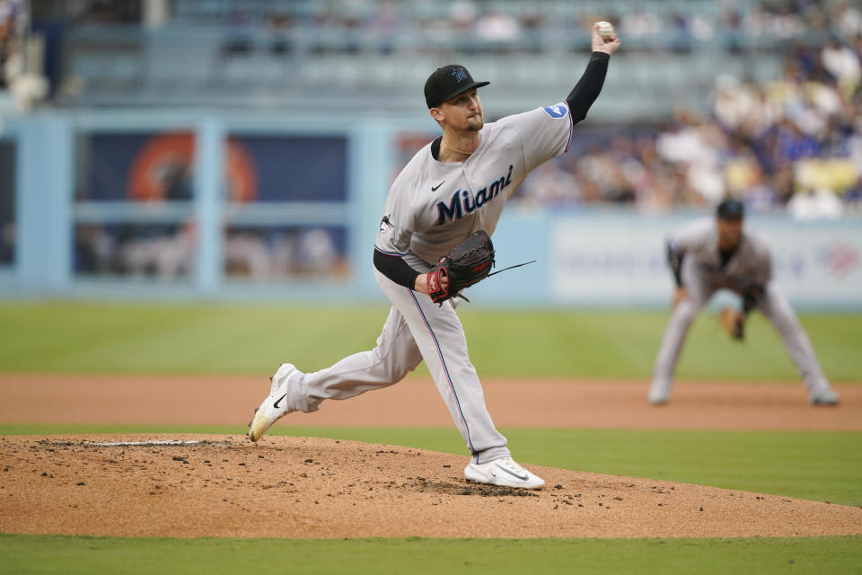 Miami Marlins starting pitcher Braxton Garrett throws to a Los Angeles Dodgers batter during the first inning of the second baseball game of a doubleheader Saturday, Aug. 19, 2023, in Los Angeles. (AP Photo/Ryan Sun)