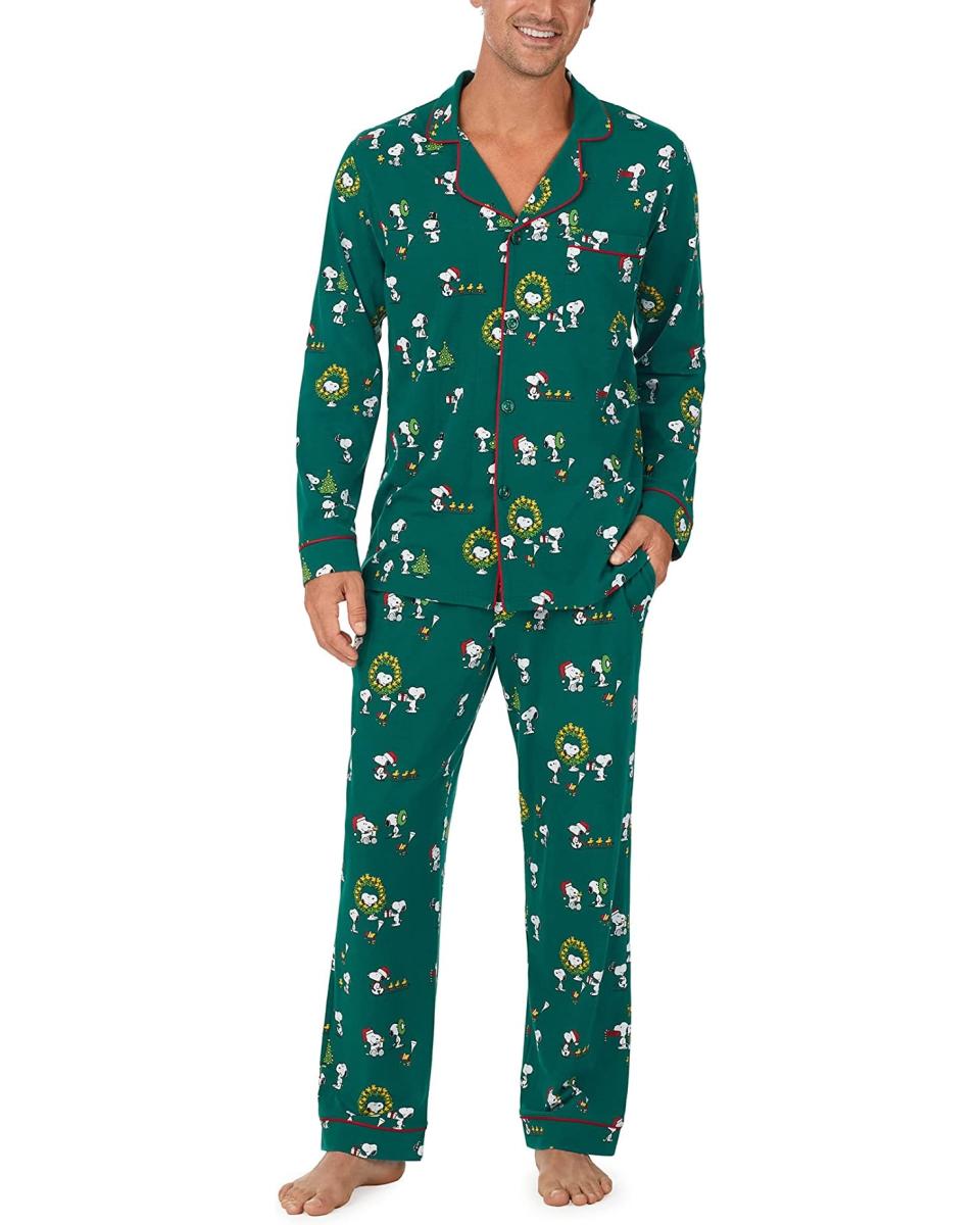 snoopy and woodstock on green mens pajamas