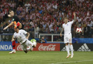 FILE - In this July 11, 2018 file photo Croatia's Ivan Perisic scores his side's opening goal during the semifinal match between Croatia and England at the 2018 soccer World Cup in the Luzhniki Stadium in, Moscow, Russia. (AP Photo/Alastair Grant, File)