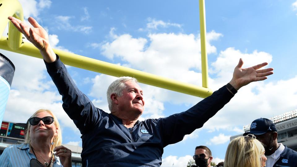 North Carolina Tar Heels head football coach Mack Brown celebrates a 38-7 win over Duke at Kenan Memorial Stadium on Oct. 2, 2021, in Chapel Hill, N.C.