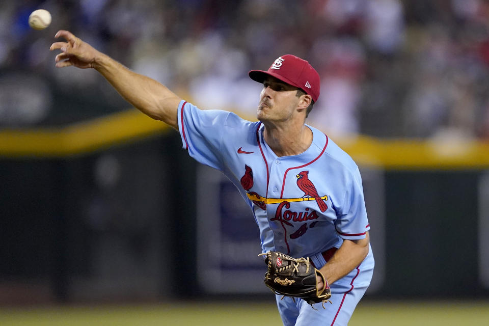 St. Louis Cardinals starting pitcher Dakota Hudson (43) throws against the Arizona Diamondbacks during the second inning of a baseball game, Saturday, Aug. 20, 2022, in Phoenix. (AP Photo/Matt York)