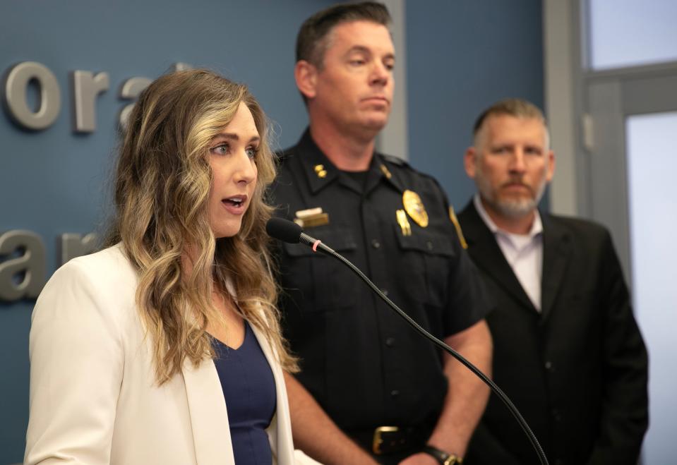 Lisa Greenberg, of the Cape Coral Police Department, speaks during a media conference Wednesday, March 20, 2024, to announce an arrest in the fatal shooting of 15-yr-old Kayla Rincon Miller.