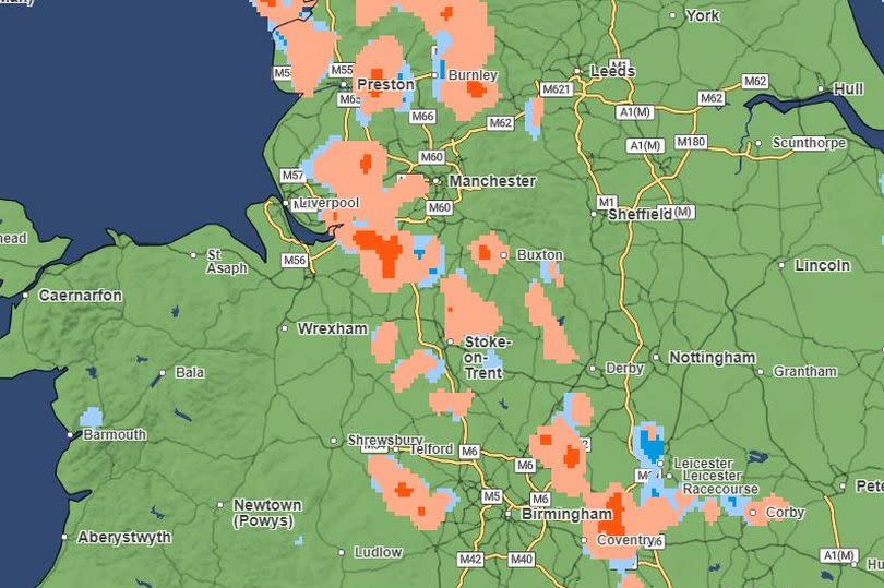 The Met Office weather map shows areas of hail, shown as orange and pink, moving down the country on Tuesday afternoon -Credit:Met Office