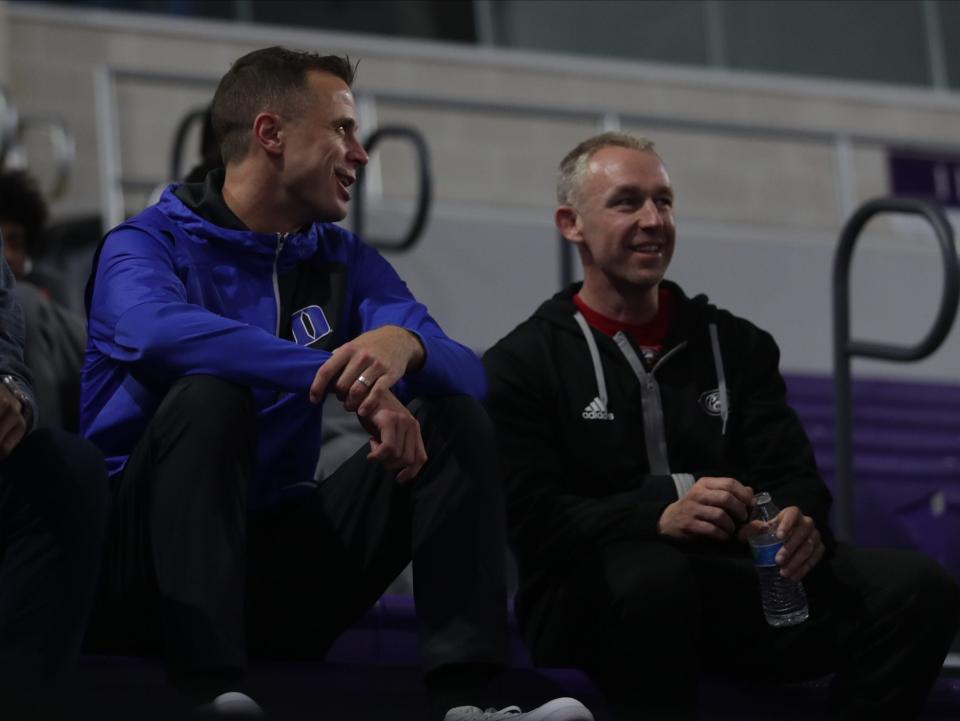 Duke University head coach Jon Scheyer sits in the stands as Paul VI plays Canterbury in the City of Palms Classic on Saturday, Dec. 17, 2022, at Suncoast Credit Union Arena in Fort Myers.