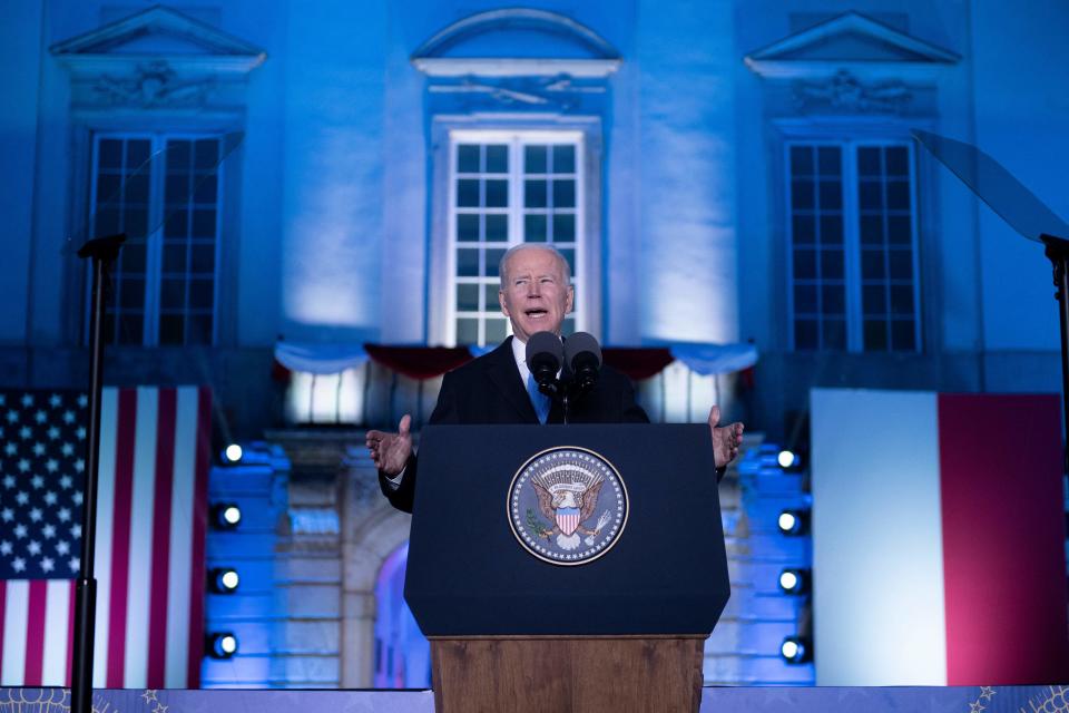 President Joe Biden speaks about Russia and Ukraine on March 26, 2022, in Warsaw, Poland.