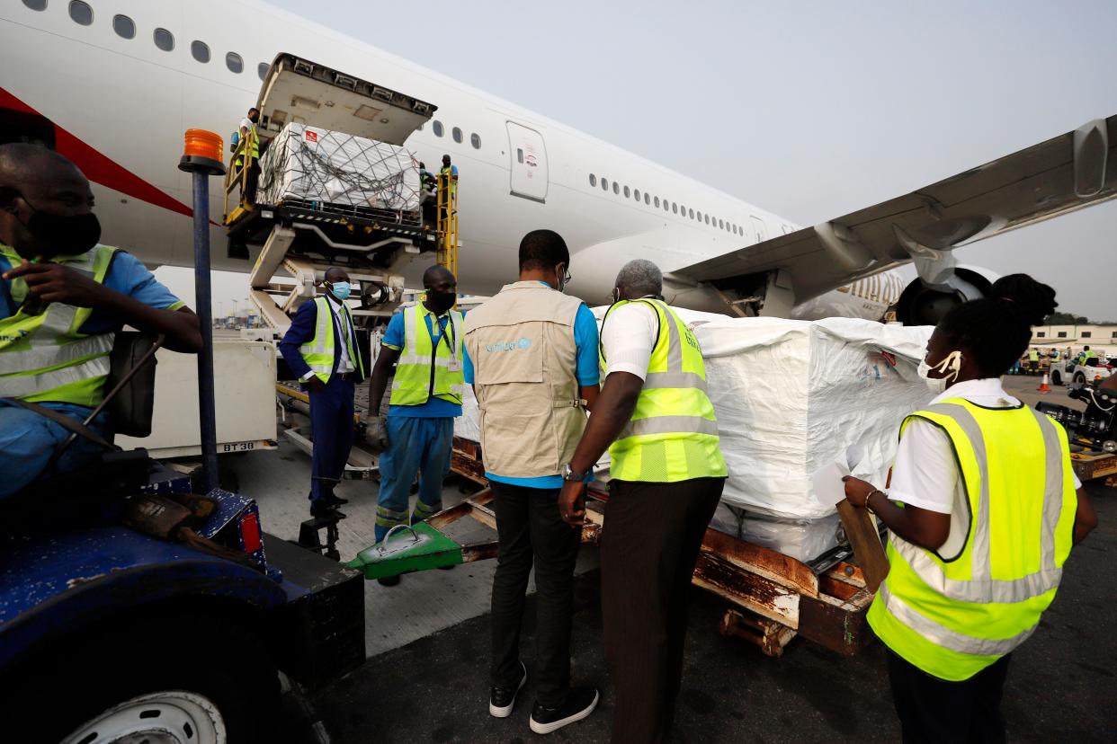 This photograph released by UNICEF on Wednesday, Feb. 24, 2021, shows the first shipment of COVID-19 vaccines distributed by the COVAX Facility arriving at the Kotoka International Airport in Accra, Ghana. Ghana has become the first country in the world to receive vaccines acquired through the United Nations-backed COVAX initiative with a delivery of 600,000 doses of the AstraZeneca vaccine made by the Serum Institute of India.
