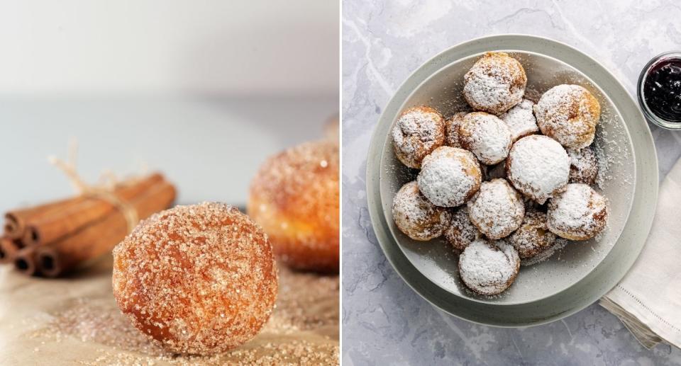 doughnut balls rolled in sugar and cinnamon and doughnut holes in a bowl sprinkled in icing sugar