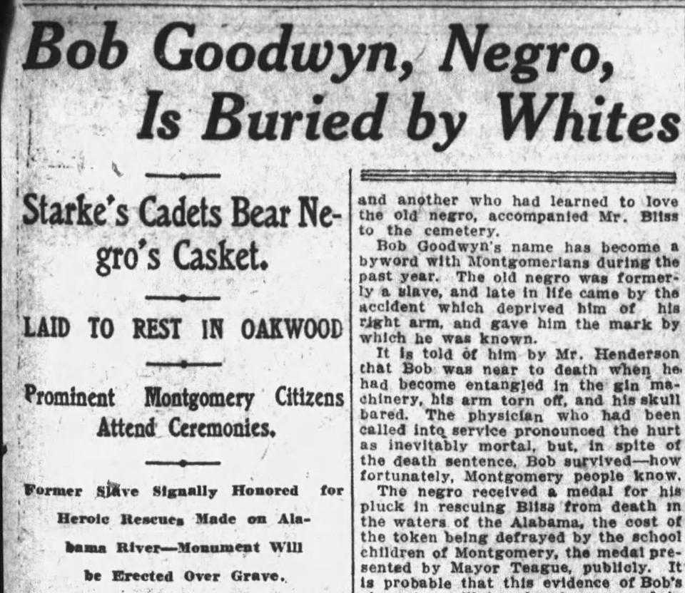 The March 29, 1909 story on the integrated graveside funeral service for former slave Bob Goodwyn in Montgomery's Oakwood Cemetery.
