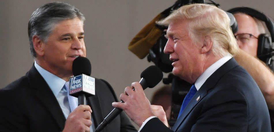 Donald Trump speaks on a microphone, juxtaposed against Sean Hannity.