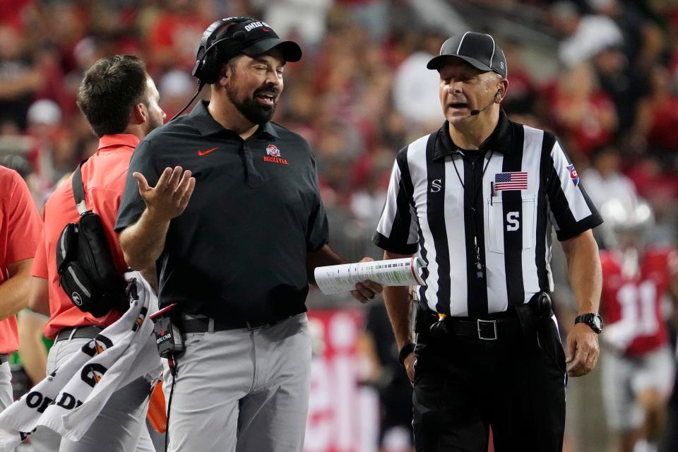 Sep 3, 2022; Columbus, Ohio, USA;  Ohio State Buckeyes head coach Ryan Day pleads to an official during the second quarter of the NCAA football game at Ohio Stadium. Mandatory Credit: Adam Cairns-USA TODAY Sports