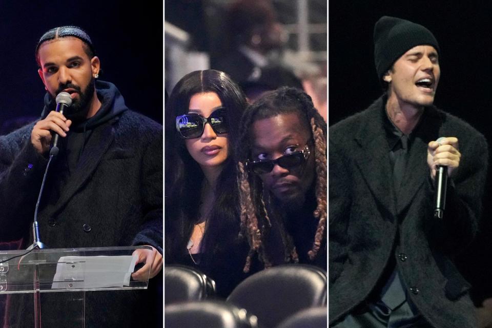 ATLANTA, GEORGIA - NOVEMBER 11: *EXCLUSIVE COVERAGE* Drake speaks onstage during Takeoff's Celebration of Life at State Farm Arena on November 11, 2022 in Atlanta, Georgia. (Photo by Kevin Mazur/Getty Images for TVG); ATLANTA, GEORGIA - NOVEMBER 11: *EXCLUSIVE COVERAGE* Cardi B and Offset attend Takeoff's Celebration of Life at State Farm Arena on November 11, 2022 in Atlanta, Georgia. (Photo by Kevin Mazur/Getty Images for TVG); ATLANTA, GEORGIA - NOVEMBER 11: *EXCLUSIVE COVERAGE* Justin Bieber performs onstage during Takeoff's Celebration of Life at State Farm Arena on November 11, 2022 in Atlanta, Georgia. (Photo by Kevin Mazur/Getty Images for TVG)