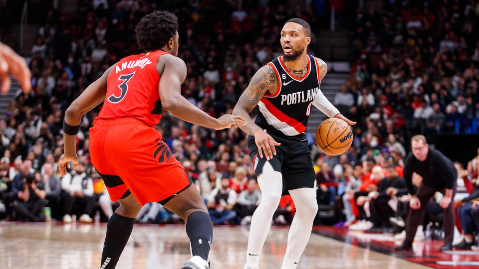 Damian Lillard is being linked to the Raptors in trade rumors. (Photo by Cole Burston/Getty Images)