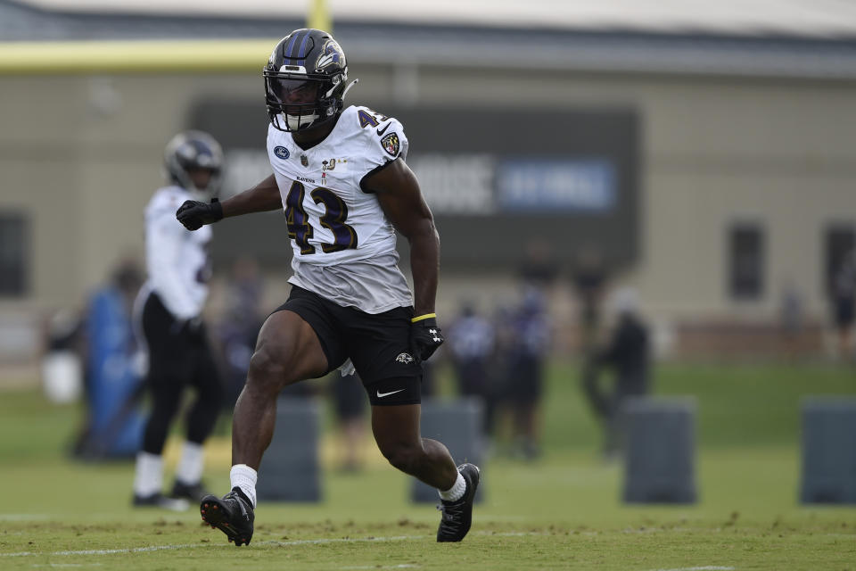 Baltimore Ravens running back Justice Hill runs a pass route during an NFL football training camp practice, Thursday, July 29, 2021, in Owings Mills, Md.(AP Photo/Gail Burton)