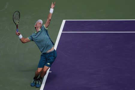 Mar 29, 2018; Key Biscayne, FL, USA; Kevin Anderson of South Africa serves against Pablo Carreno Busta of Spain (not pictured) on day ten of the Miami Open at Tennis Center at Crandon Park. Mandatory Credit: Geoff Burke-USA TODAY Sports