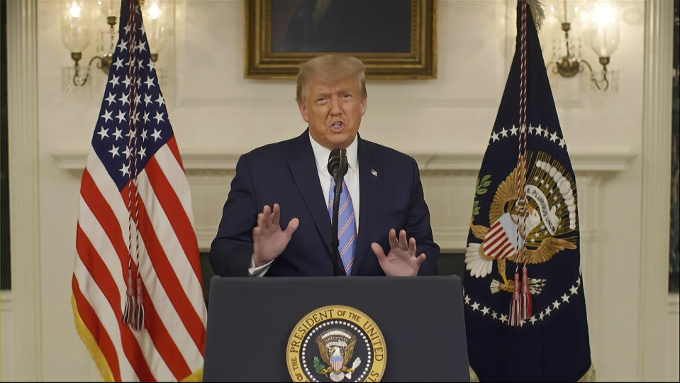 This exhibit from video released by the House Select Committee, shows President Donald Trump recording a video statement at the White House on Jan. 7, 2021, that was played at a hearing by the House select committee investigating the Jan. 6 attack on the U.S. Capitol, Thursday, July 21, 2022, on Capitol Hill in Washington. (House Select Committee via AP)