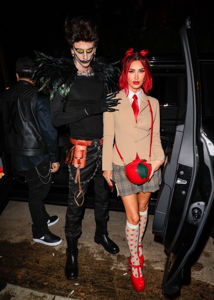 Machine Gun Kelly and Megan Fox are seen arriving to Vas Morgan and Michael Braun's Halloween Party on October 28, 2023 in Los Angeles, California.